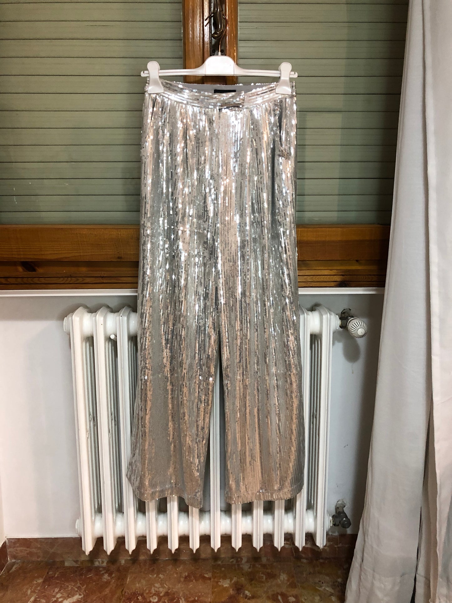 Pantalone micro-paillettes argento