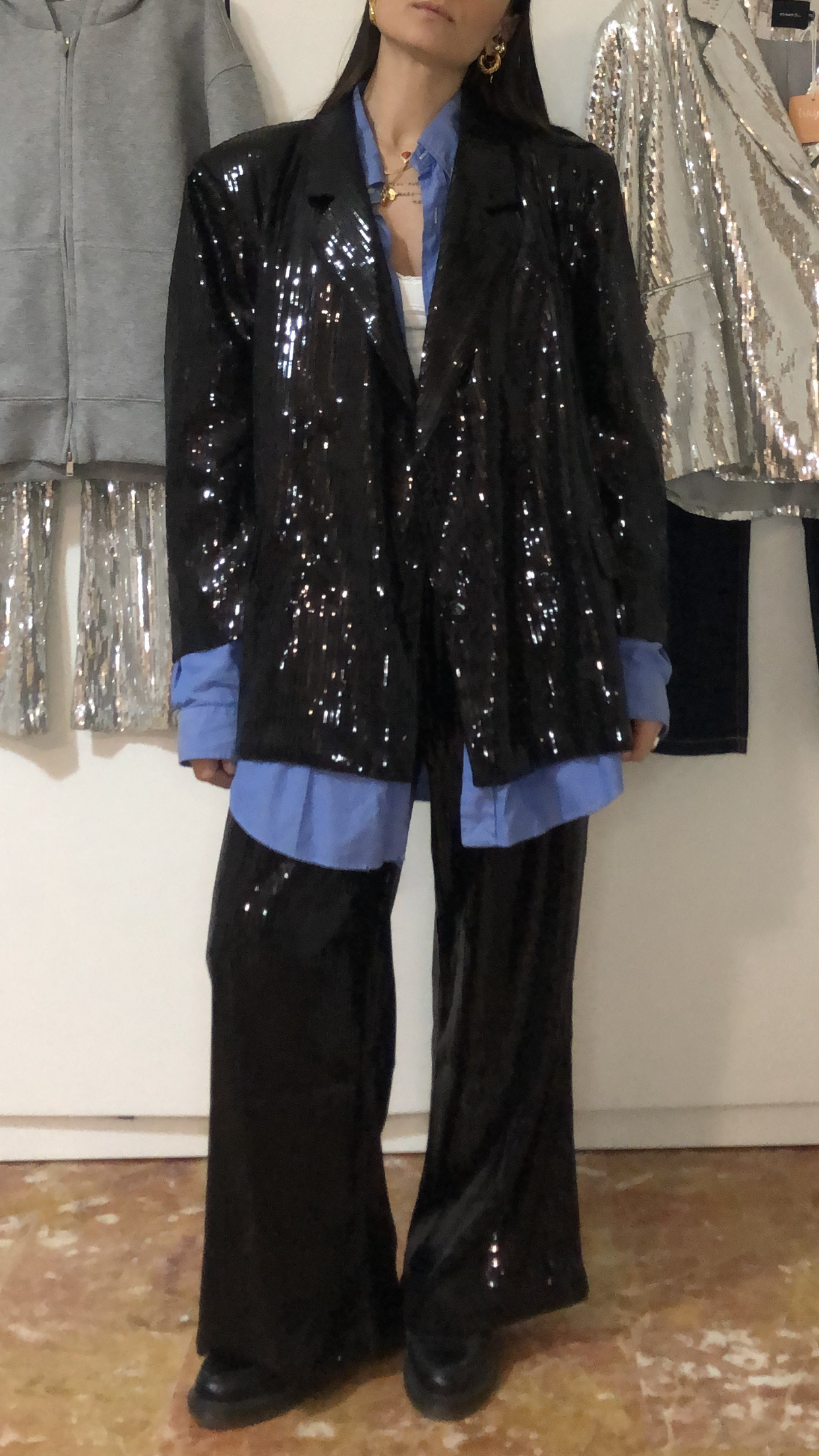 Pantalone micro-paillettes nero