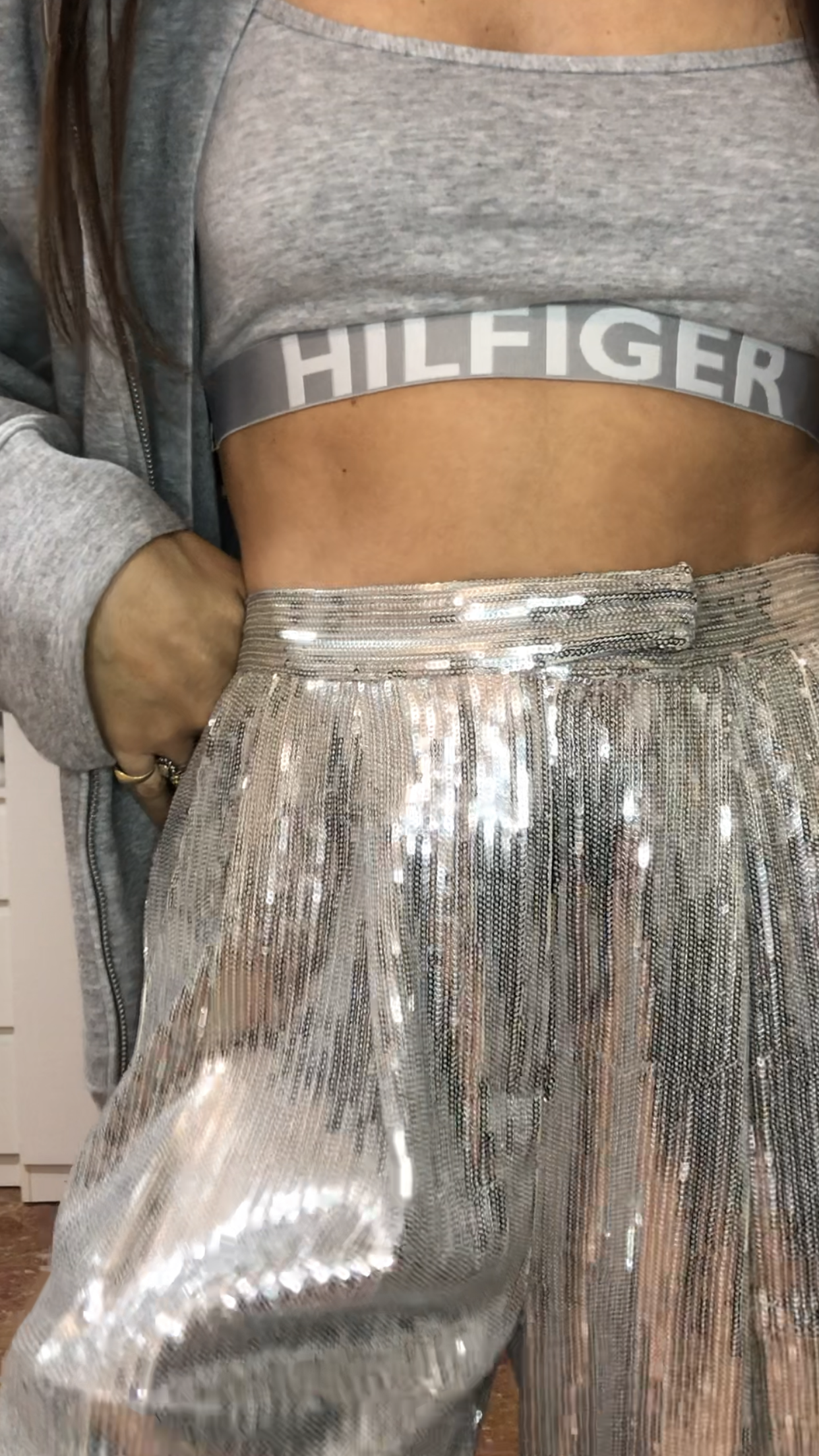 Pantalone micro-paillettes argento