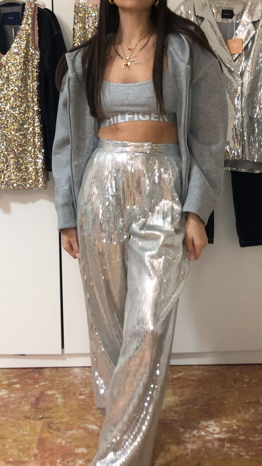 Pantalone micro-paillettes argento