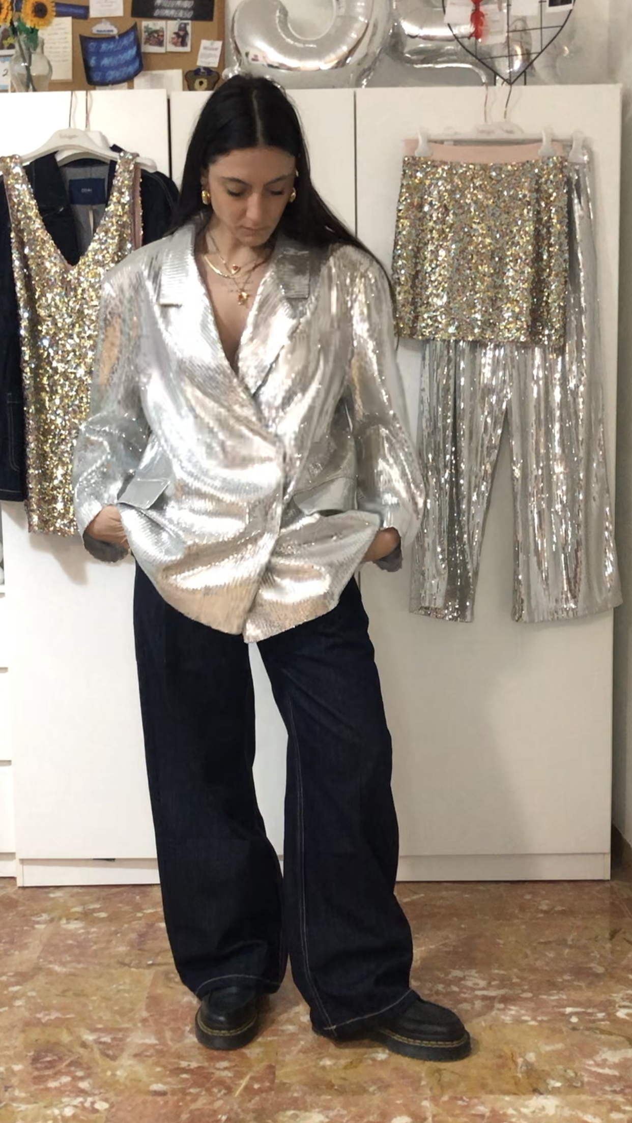 Blazer micro-paillettes argento