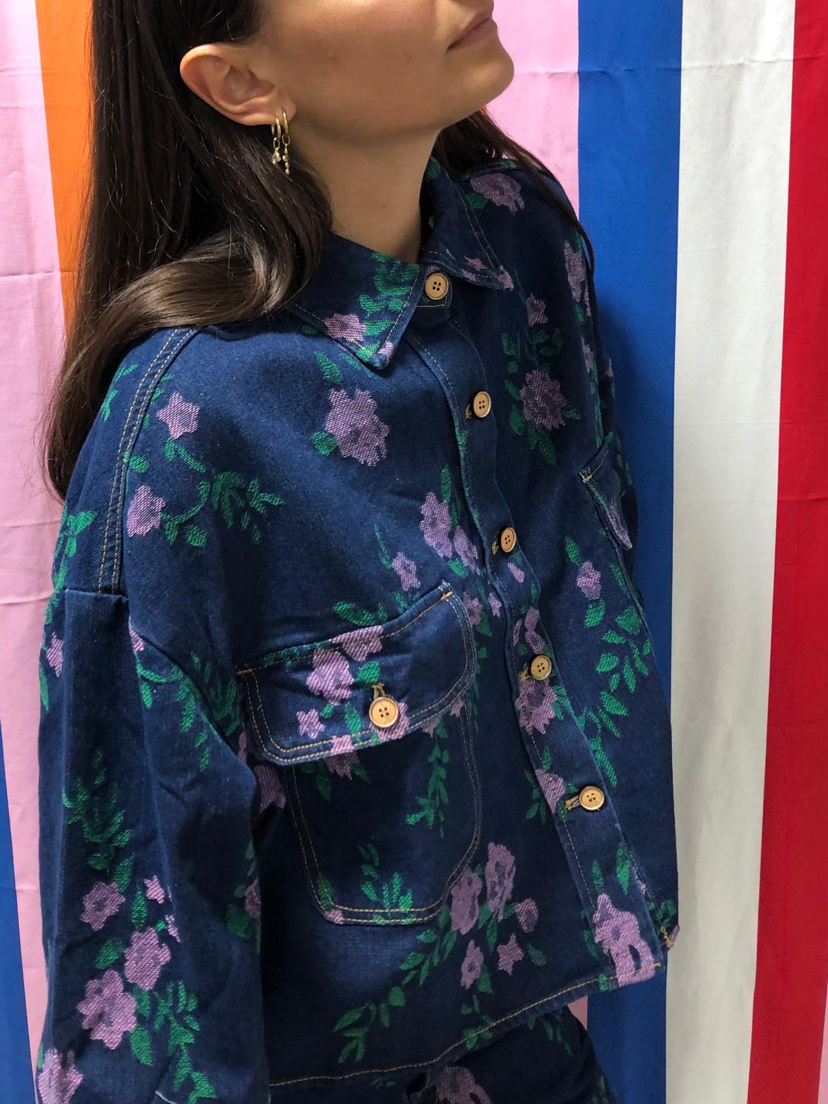 Camicia in Denim Jacquard a Fiori