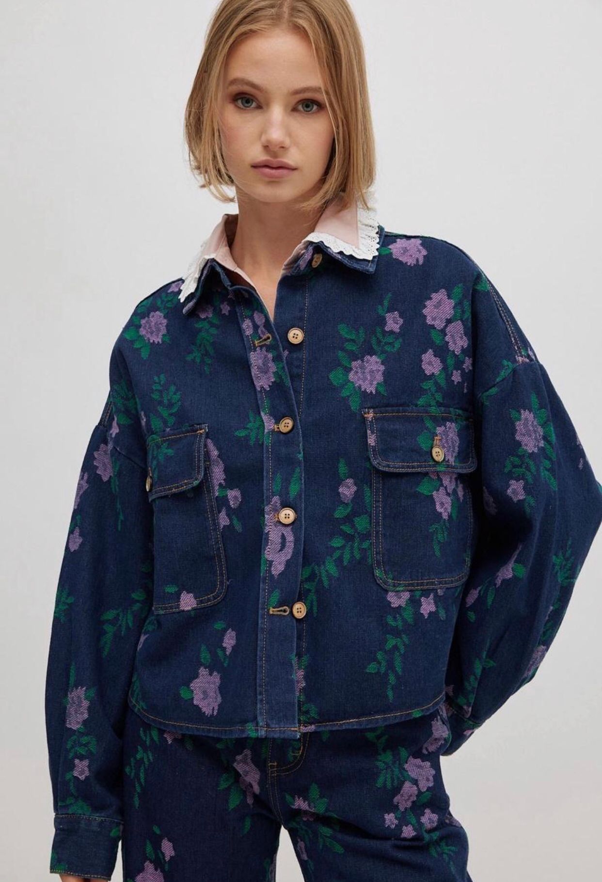 Camicia in Denim Jacquard a Fiori