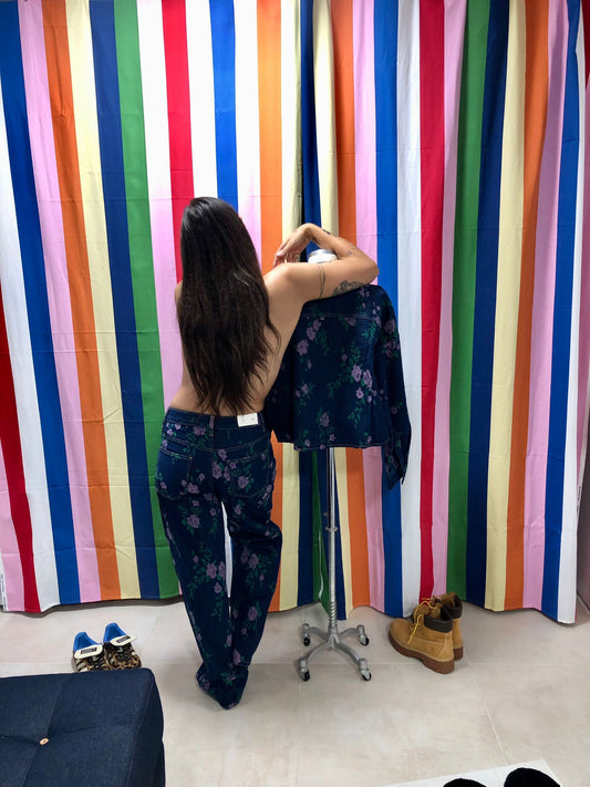 Pantalone in Denim Jacquard a Fiori